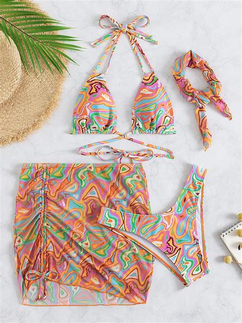 Shein Vcay Swirl Bikini Set Lace Up Triangle Bra And High Cut Bottom