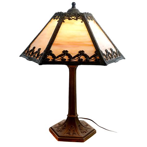 6 Panel Stained Glass Table Lamp With Floral Filigree Overlay Early Electrics