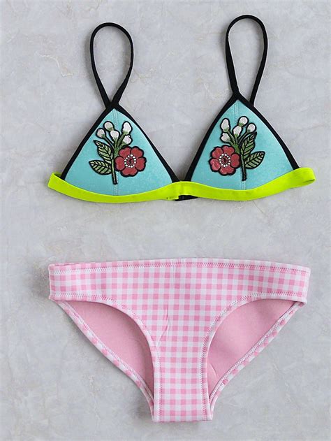 Flower Embroidery Plaid Print Triangle Bikini Set Shein Sheinside