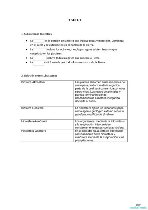 El Suelo Y Subsistemas Terrestres Ficha Interactiva Topworksheets