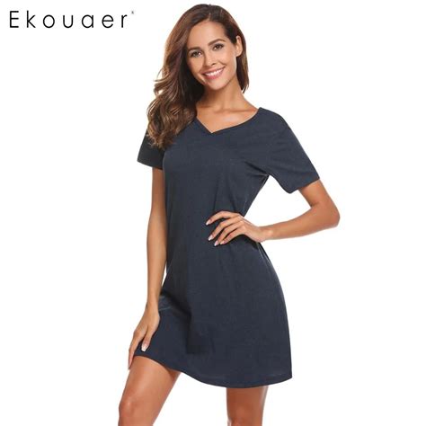 Ekouaer Women Casual Night Dress Sleepwear Cotton V Neck Short Sleeve