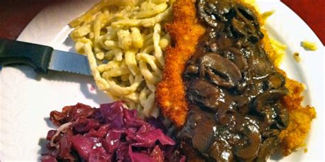 Morse’s Pork Schnitzel And Jaeger Sauce With Spaëtzle Red Cabbage And Apple Maine Notable