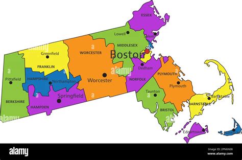 Colorful Massachusetts Political Map With Clearly Labeled Separated Layers Vector Illustration