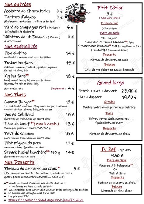 Menu au Le Galion restaurant, Kerlouan