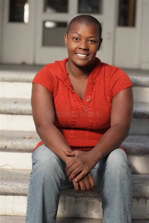 Black Woman Sitting And Smiling Stock Image Image Of Ethnic Haircut