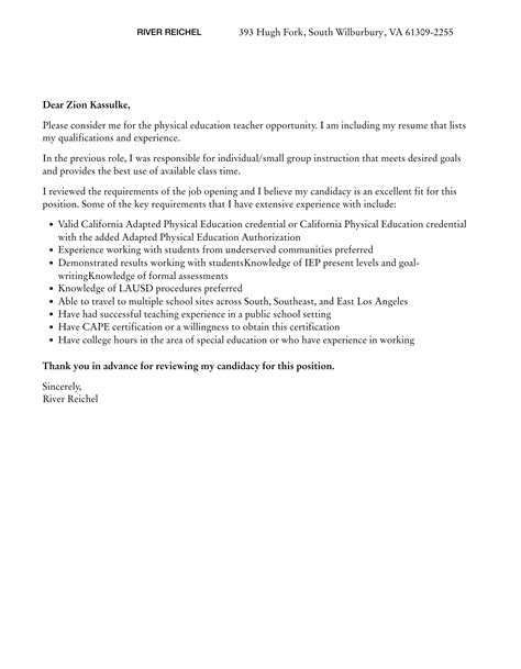 Physical Education Teacher Cover Letter Velvet Jobs