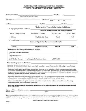 Fillable Online Utdallas Authorization To Release Medical Record Form