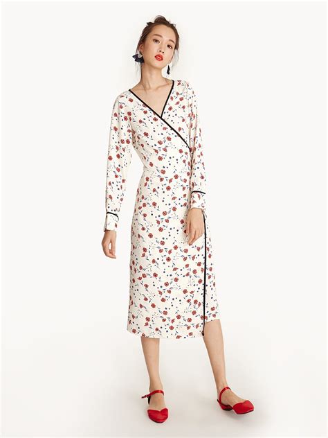 Midi Contrast Piping Floral Wrap Dress Pomelo Fashion