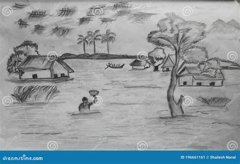 Flood in an Indian Village Scene Stock Illustration - Illustration of ...