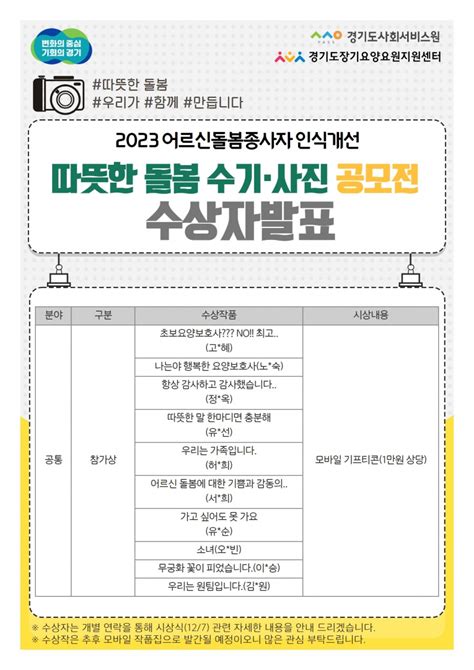 공지 2023년 어르신 돌봄종사자 인식개선 따뜻한 돌봄 수기사진 공모전 수상작 발표 공지사항 경기도장기요양요원지원센터