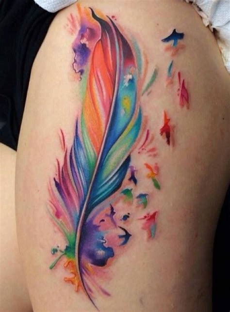 Watercolor Tattoo Colorful Watercolor Feather Tattoos On Side Thigh