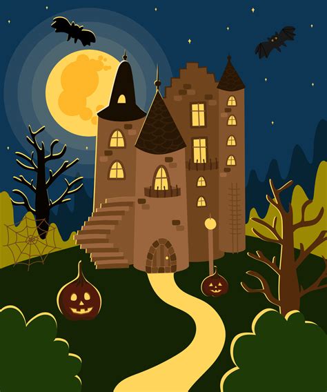 Halloween dark house, castle on the background of a full moon. Vector ...