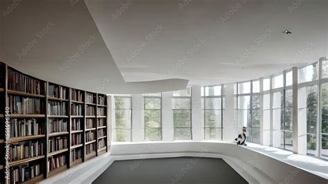 Interior Of Bright Modern Library With Large Windows Background