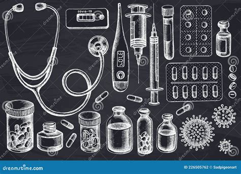 Vector Set Of Hand Drawn Chalk Vial Of Blood Pills And Medicines