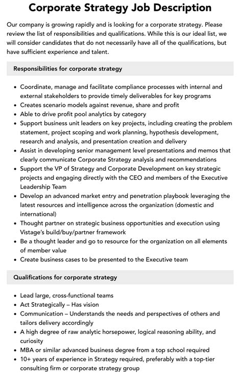 Corporate Strategy Job Description Velvet Jobs