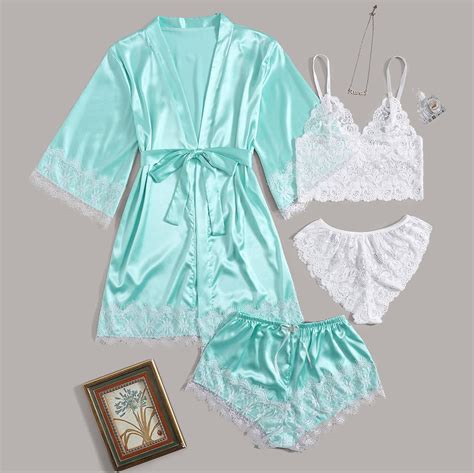 Xysaqa Lingerie For Women Satin Pajama Nightgown Robe Set 4pcs Sleepwear Floral Lace Cami Shorts