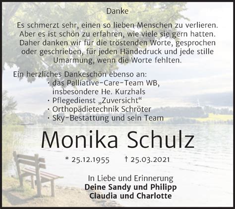 Traueranzeigen Von Monika Schulz Abschied Nehmen De