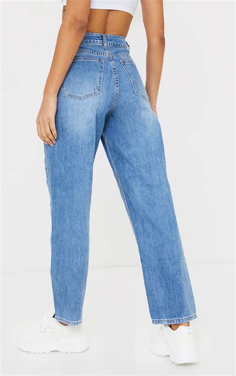 Plt Mid Blue Distressed Boyfriend Jeans Prettylittlething Uae