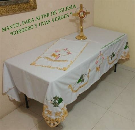 Mantel Para Altar De Iglesia En Color Blanco Bordado Con Uvas Verdes Y