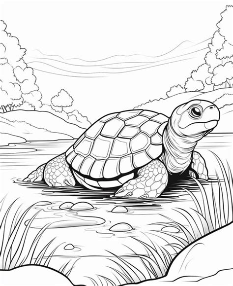 Dibujo de una tortuga sentada al borde de un río para colorear