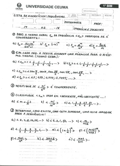 Lista De Exercícios 2 Sequência Cálculo Ii