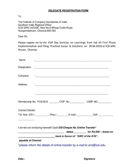 Fillable Online DELEGATE REGISTRATION FORM ICSI Fax Email Print