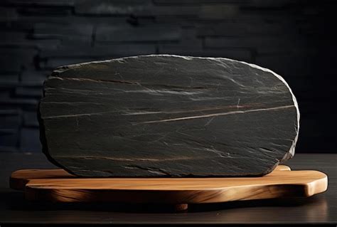 Premium Ai Image A Black Slate Slab On A Wooden Table In The Style Of