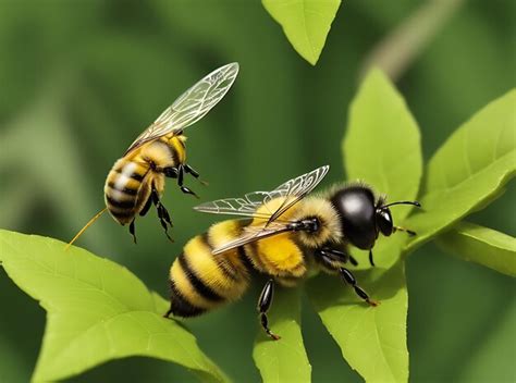 Pequeña abeja amarilla en la polinización de hojas verdes Foto Premium