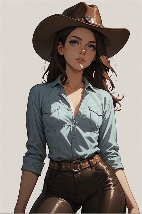1girl, petite, blue eyes, brunette, cowboy hat, western shirt - SeaArt AI