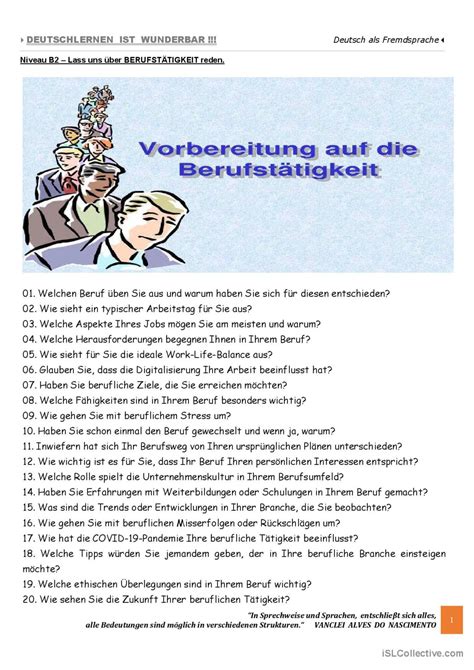 B2 Lass uns über BERUFSTÄTIGKEIT r Deutsch DAF Arbeitsblätter pdf doc