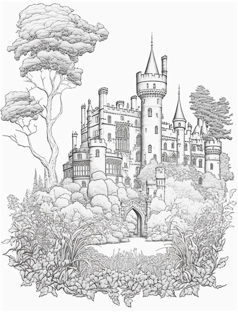 Premium Photo | A drawing of a castle in the woods.