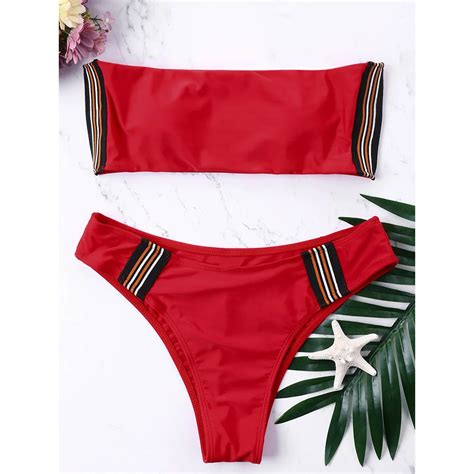 Zaful New Striped Bandeau Bikini Set High Cut Swimsuit Padded Bikini