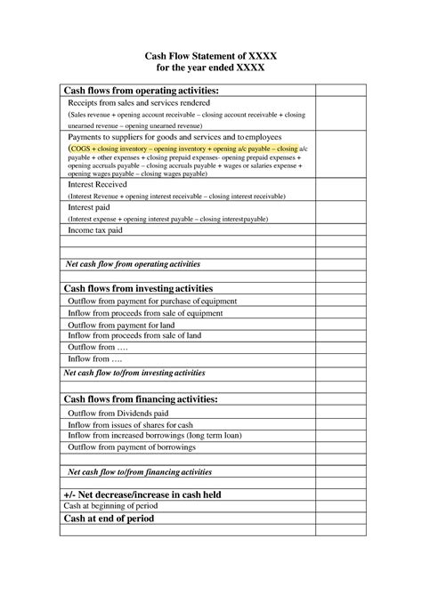 Update Cash Flow Template S2 2016 1 Cash Flow Statement Of Xxxx For The Year Ended Xxxx Cash