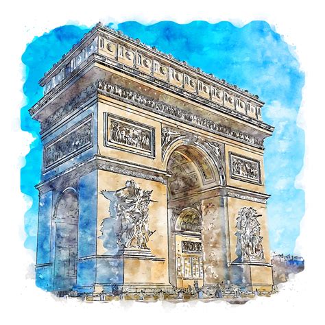 Arc De Triomphe Paris Watercolor Sketch Hand Drawn Illustration