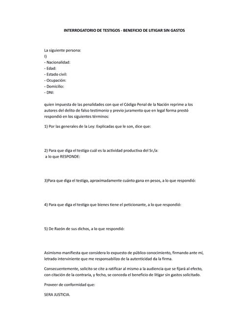 Modelo Interrogatorio De Testigos Beneficios De Litigar Sin Gastos