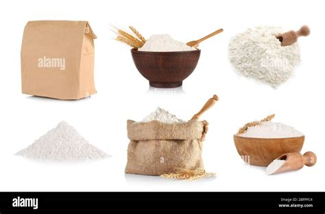 Collage Of Flour On White Background Stock Photo Alamy