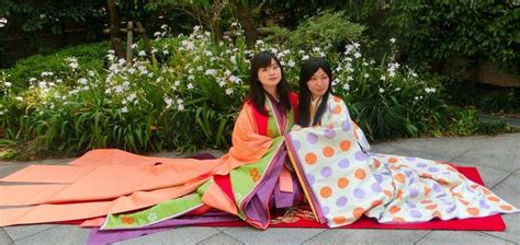 Women Dressed In Junihitoe With One Wearing A Hosonaga Jacket Heian