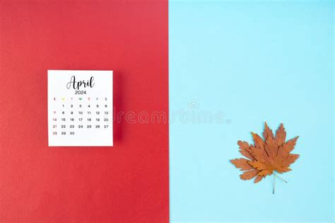 Top View Of A April 2024 Calendar And Autumn Foliage On A Red And Blue