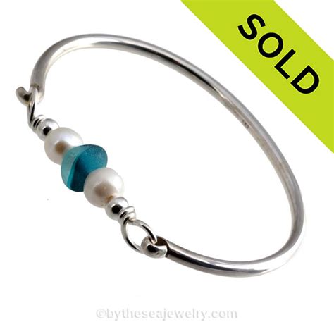 Mixed Aqua English Sea Glass Bangle Bracelet In Sterling With Fresh Water Pearls Sb1365