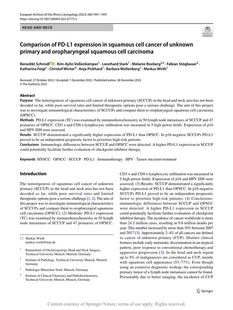 Pdf Comparison Of Pd L1 Expression In Squamous Cell Cancer Of Unknown