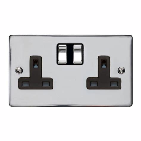 13a Switched Twin Socket In Polished Chrome Plate And Switch With Black Plastic Trim Elite Flat