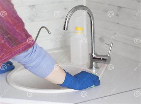 Woman Washing Kitchen Sink With Cleaning Products Stock Image Image