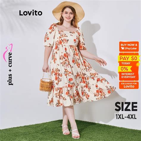 Lovito Plus Size Curve Boho Floral Ruffle Hem Ruched Puff Sleeve Elastic Waisted Dress For Women