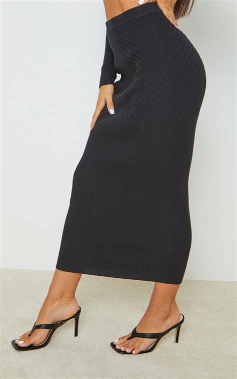 Black Ribbed Knitted Midi Skirt Knitwear Prettylittlething