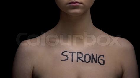 Confident Naked Woman With Word Strong Written On Chest High Self