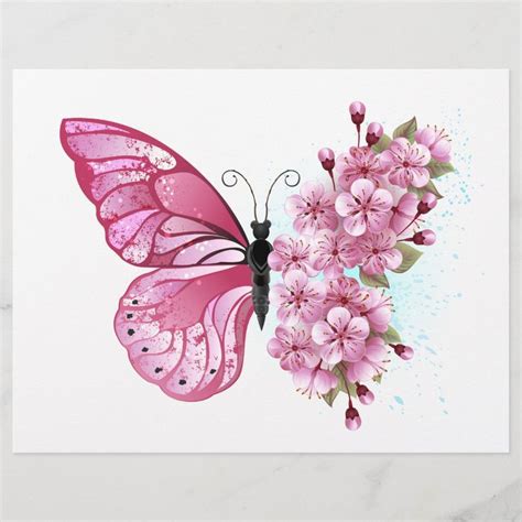 Flower Butterfly With Pink Sakura Letterhead Zazzle Butterfly Art