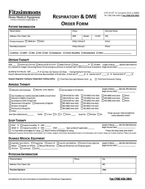 Fillable Online Fitzsimmons RESPIRATORY DME ORDER FORM PATIENT