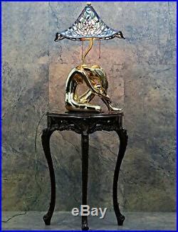 Art Deco W S1938 Mosaic Shade Leaded Stained Glass Lamp Nude Brass Base Leaded Glass Window