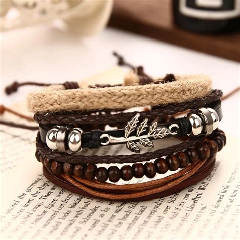 IFMIA Pulseiras Multicamadas De Couro Vintage Para Homens Folha