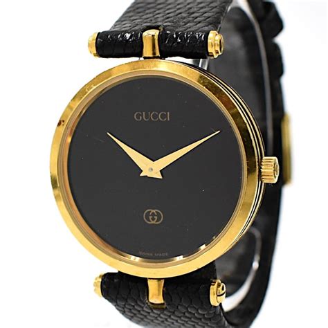 1円 稼働品 Gucci グッチ 腕時計 シェリーライン レディース クオーツ Gp 革ベルト ブラック文字盤 ヴィンテージ Bii 女性用 ｜売買されたオークション情報、yahooの商品情報